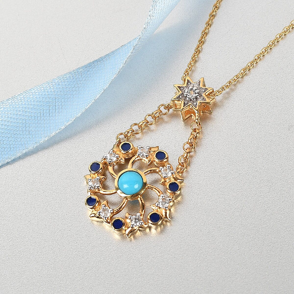 Arizona Sleeping Beauty Turquoise and Natural Cambodian Zircon Enamelled Pendant with Chain (Size 18) in 14K Gold Overlay Sterling Silver 1.00 Ct, Silver Wt. 5.90 Gms