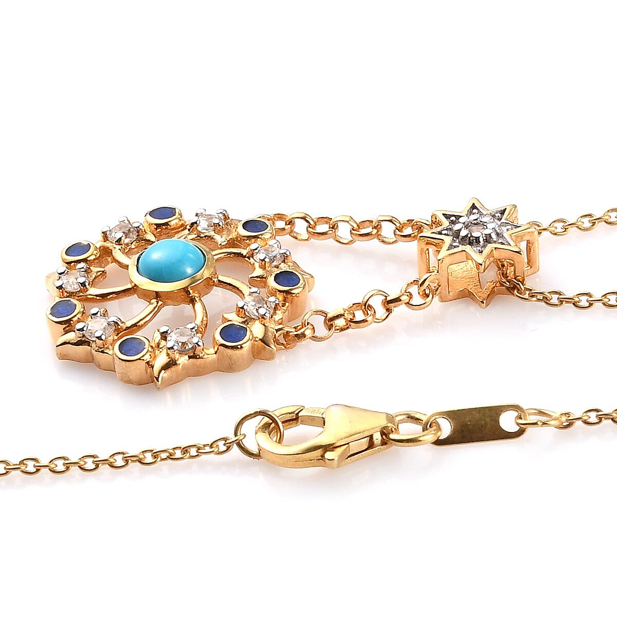 Arizona Sleeping Beauty Turquoise and Natural Cambodian Zircon Enamelled Pendant with Chain (Size 18) in 14K Gold Overlay Sterling Silver 1.00 Ct, Silver Wt. 5.90 Gms