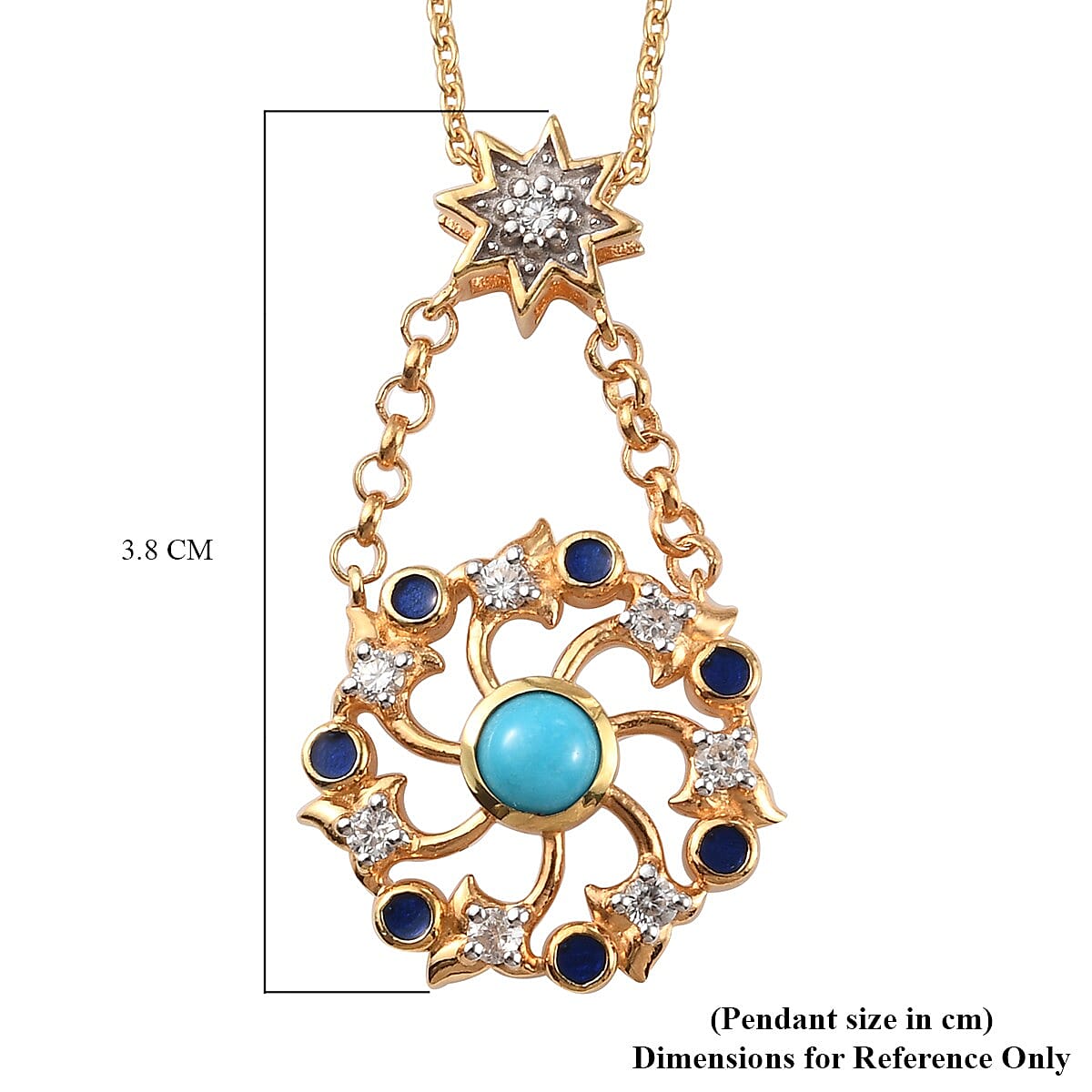 Arizona Sleeping Beauty Turquoise and Natural Cambodian Zircon Enamelled Pendant with Chain (Size 18) in 14K Gold Overlay Sterling Silver 1.00 Ct, Silver Wt. 5.90 Gms