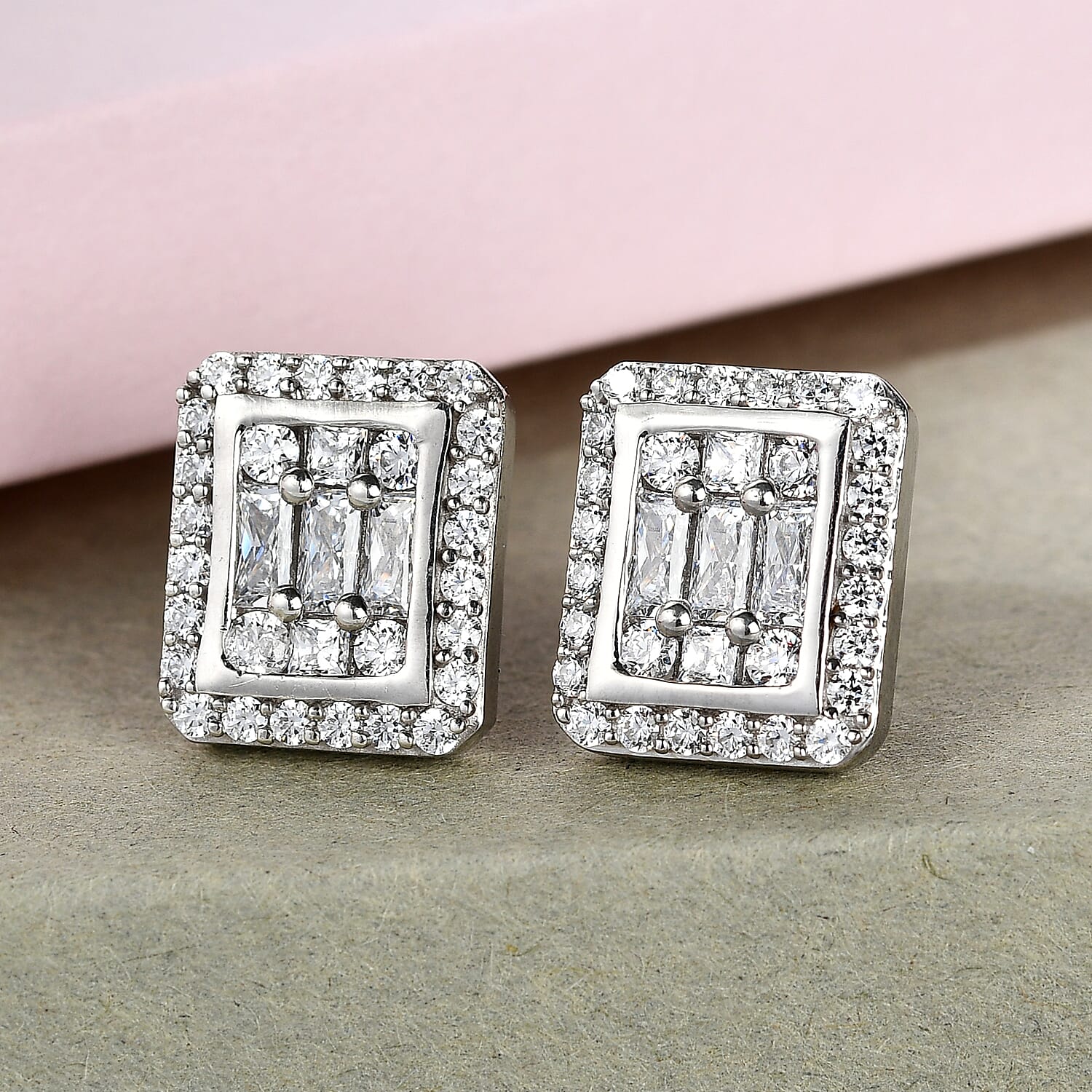 Lustro Stella Platinum Overlay Sterling Silver Stud Earrings Made with Finest CZ 3.24 Ct.