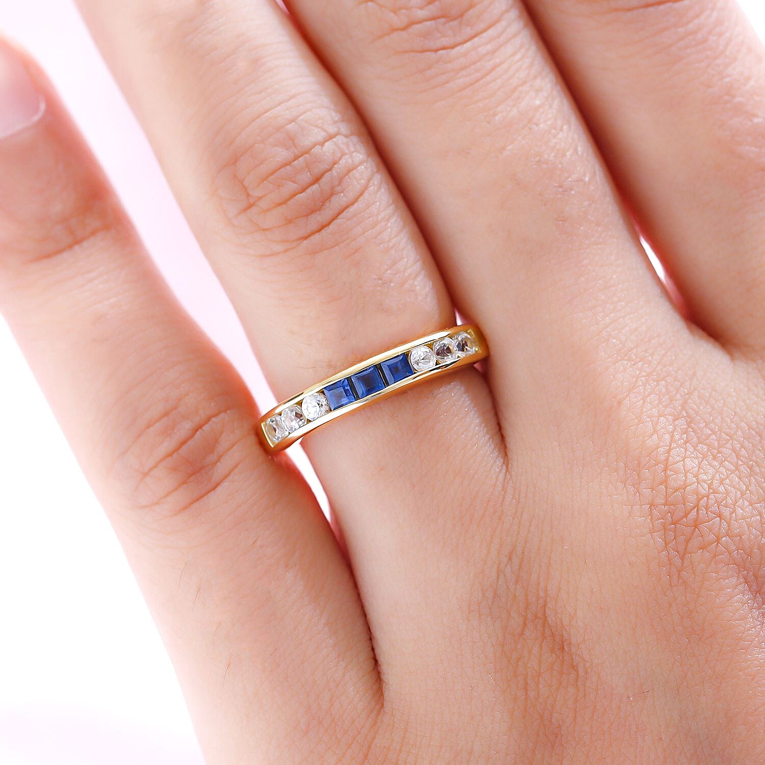 Blue Sapphire and Natural Cambodian Zircon Half Eternity Ring in 14K Yellow Gold Overlay Sterling Silver