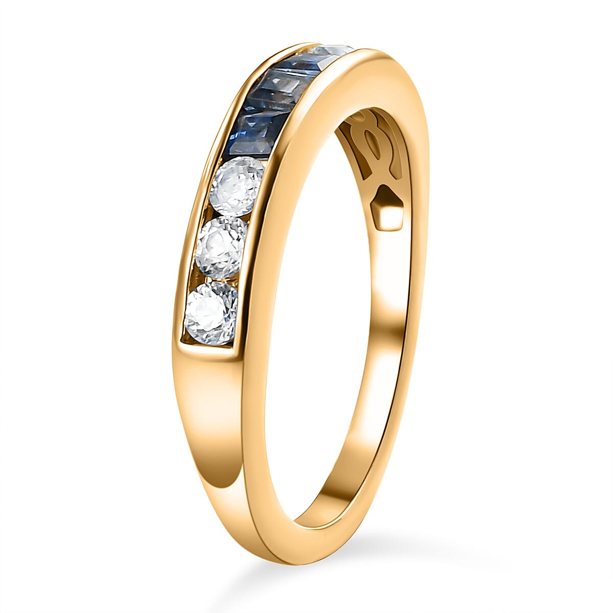 Blue Sapphire and Natural Cambodian Zircon Half Eternity Ring in 14K Yellow Gold Overlay Sterling Silver