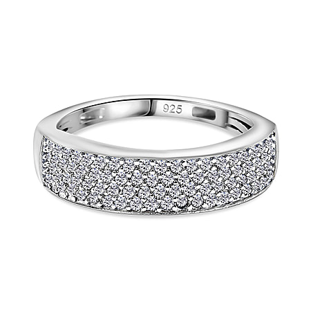 Moissanite Half Eternity Wedding Band Ring in Rhodium Overlay Sterling Silver