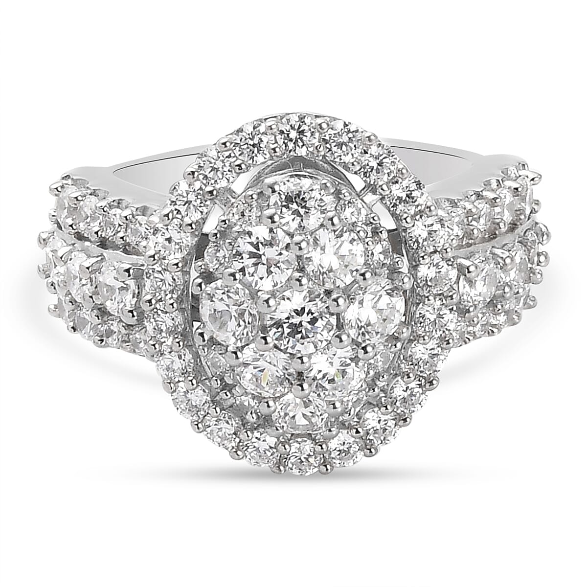 Lustro Stella Platinum Overlay Sterling Silver Cluster Ring Made with Finest CZ 3.80 Ct, Silver wt. 5.00 Gms