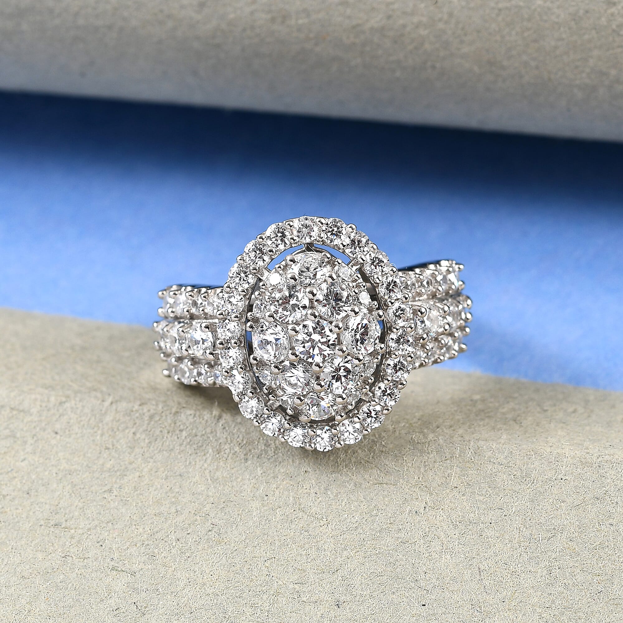 Lustro Stella Platinum Overlay Sterling Silver Cluster Ring Made with Finest CZ 3.80 Ct, Silver wt. 5.00 Gms