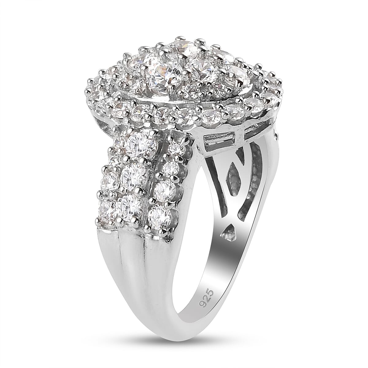 Lustro Stella Platinum Overlay Sterling Silver Cluster Ring Made with Finest CZ 3.80 Ct, Silver wt. 5.00 Gms
