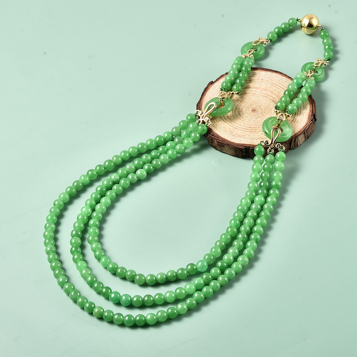 Green Jade Three Layer Beads Necklace (Size - 20) with Magnetic Lock in Yellow Gold Overlay Sterling Silver 367.91 Ct, Silver wt 5.00 Gms