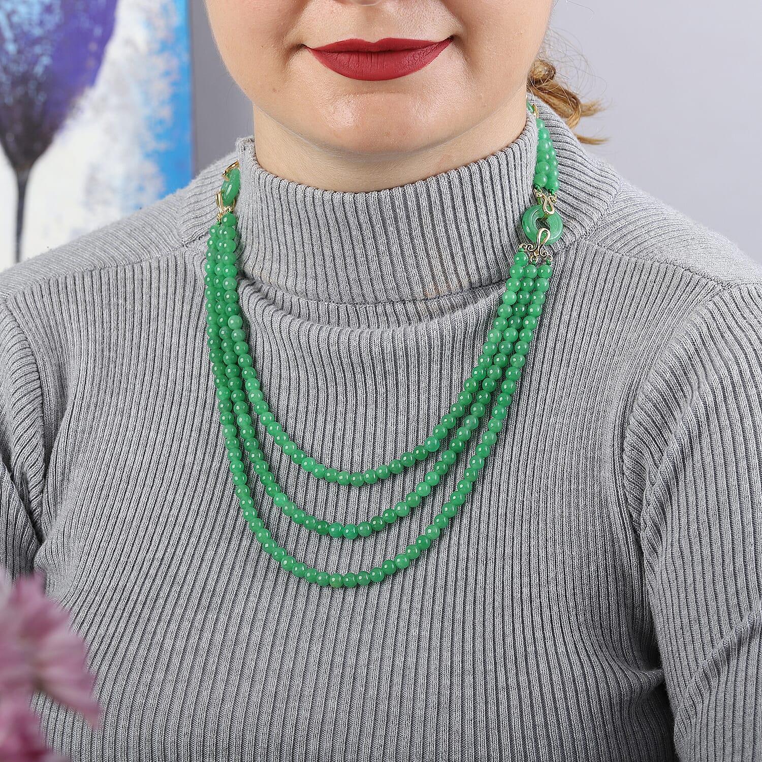 Green Jade Three Layer Beads Necklace (Size - 20) with Magnetic Lock in Yellow Gold Overlay Sterling Silver 367.91 Ct, Silver wt 5.00 Gms