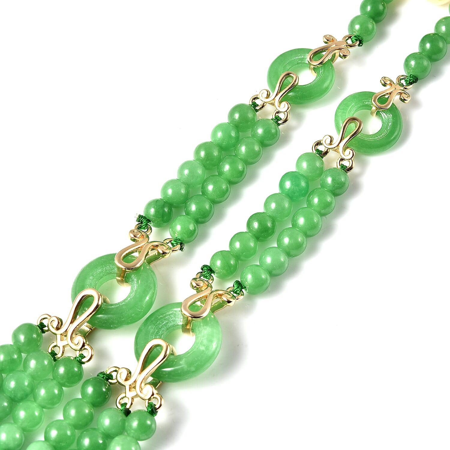 Green Jade Three Layer Beads Necklace (Size - 20) with Magnetic Lock in Yellow Gold Overlay Sterling Silver 367.91 Ct, Silver wt 5.00 Gms