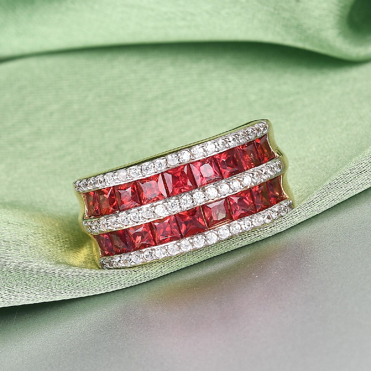 Red Sapphire and Natural Zircon Ring in 14K Yellow Gold Vermeil Plated Sterling Silver 2.56 Ct.