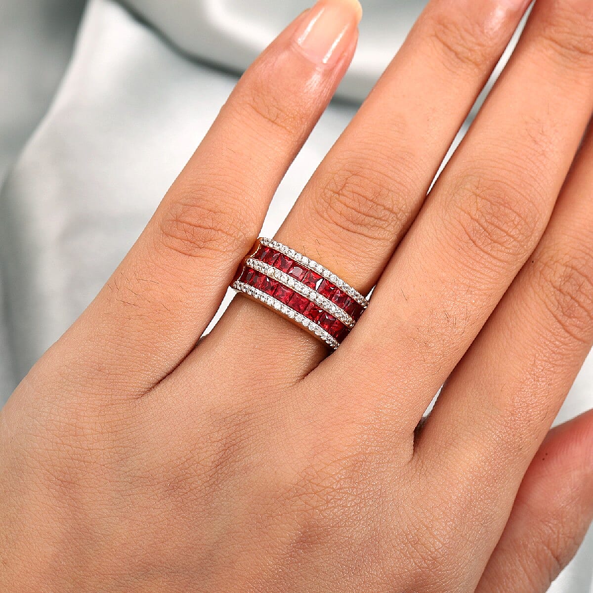 Red Sapphire and Natural Zircon Ring in 14K Yellow Gold Vermeil Plated Sterling Silver 2.56 Ct.