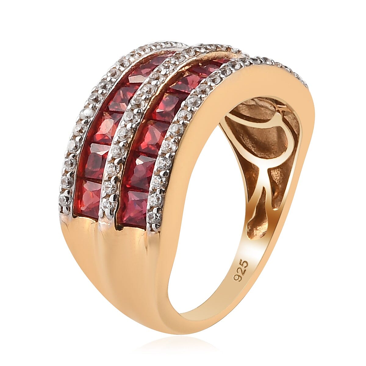 Red Sapphire and Natural Zircon Ring in 14K Yellow Gold Vermeil Plated Sterling Silver 2.56 Ct.