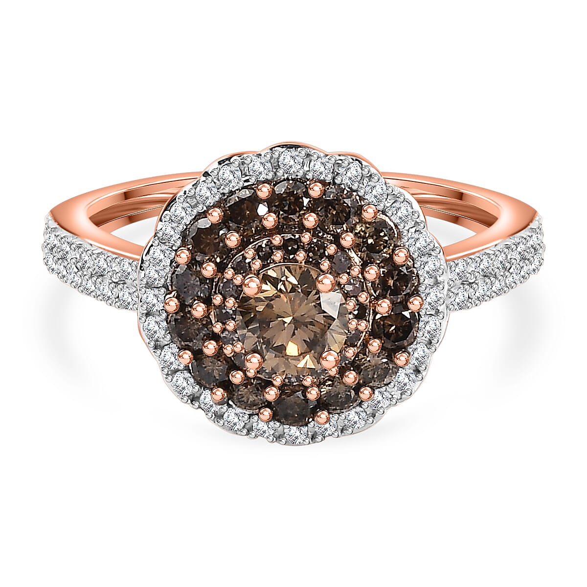9K Rose Gold SGL Certified Natural Champagne Diamond & White Diamond (I3-GH) Cluster Ring 1.00 Ct.
