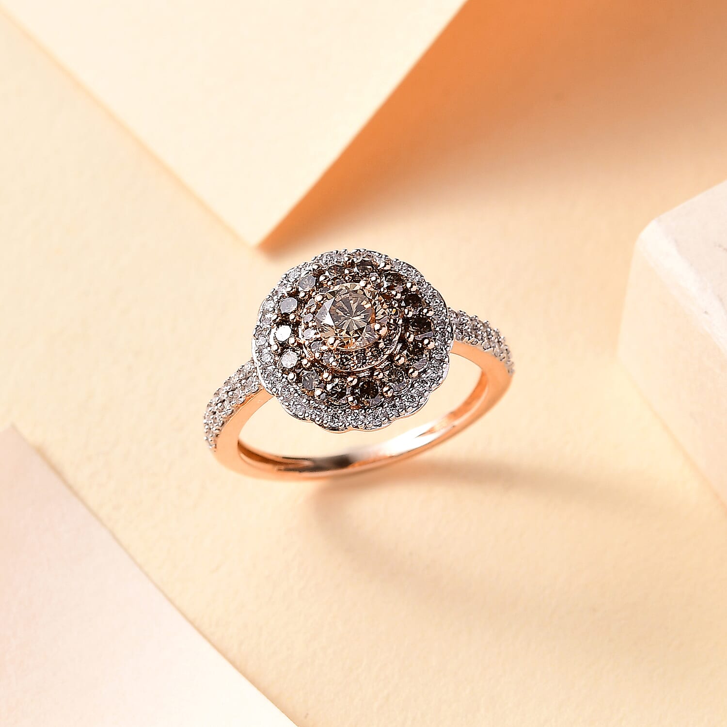 9K Rose Gold SGL Certified Natural Champagne Diamond & White Diamond (I3-GH) Cluster Ring 1.00 Ct.