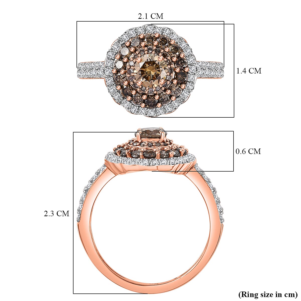9K Rose Gold SGL Certified Natural Champagne Diamond & White Diamond (I3-GH) Cluster Ring 1.00 Ct.