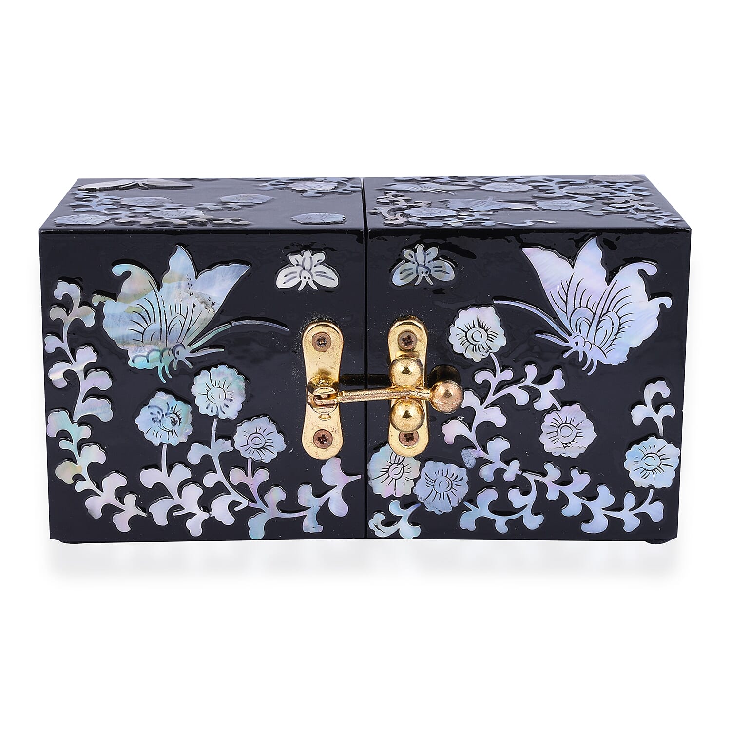 Handcrafted Jewelry boxes Adorned with Butterfly pearl shell inlay artwork Features 4 tiny drawers hidden when closed Unique two-squared shaped box design Easy to open at 180 degrees In