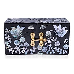 Handcrafted Jewelry boxes Adorned with Butterfly pearl shell inlay artwork Features 4 tiny drawers hidden when closed Unique two-squared shaped box design Easy to open at 180 degrees In
