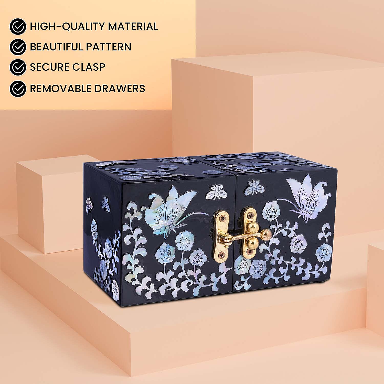 Handcrafted Jewelry boxes Adorned with Butterfly pearl shell inlay artwork Features 4 tiny drawers hidden when closed Unique two-squared shaped box design Easy to open at 180 degrees In