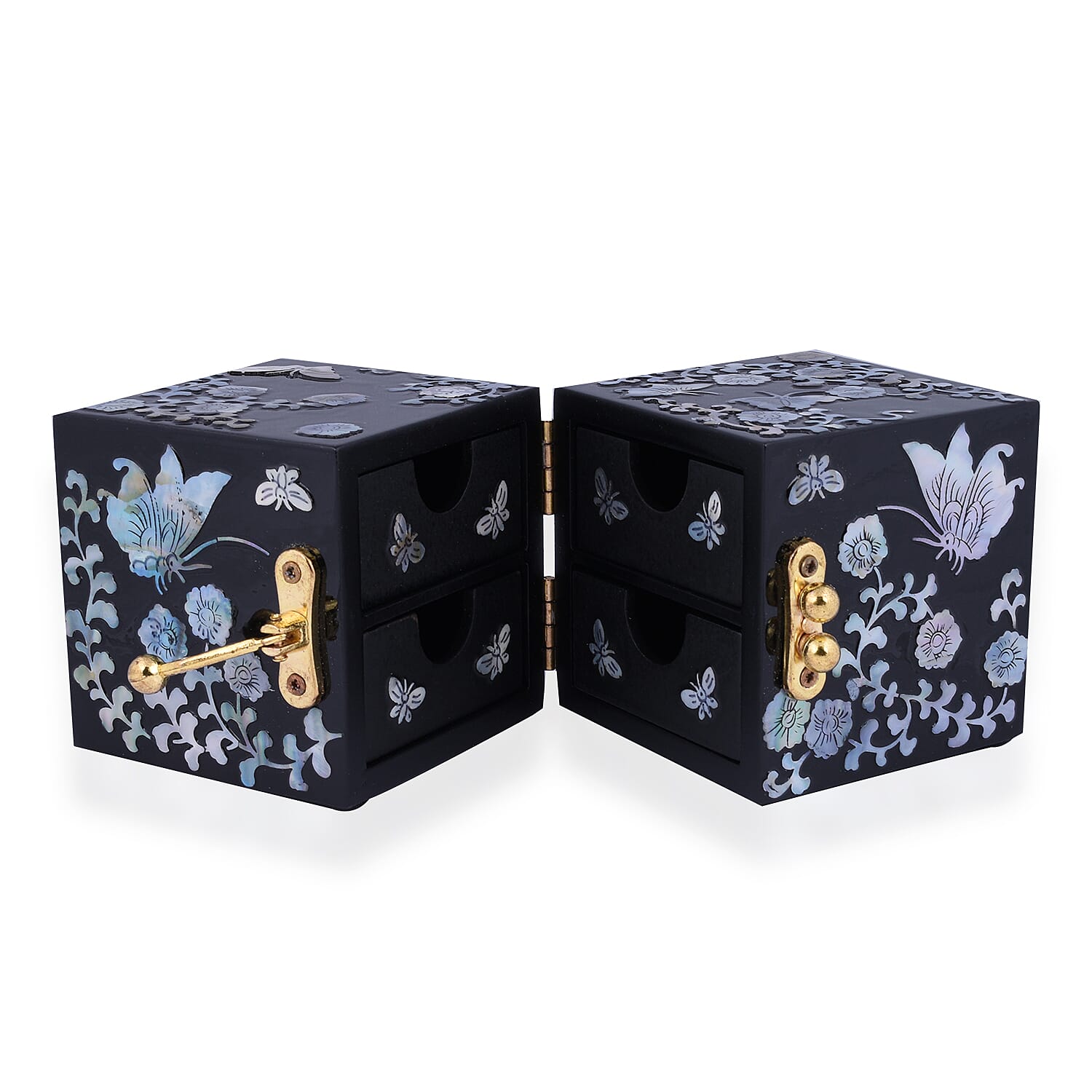 Handcrafted Jewelry boxes Adorned with Butterfly pearl shell inlay artwork Features 4 tiny drawers hidden when closed Unique two-squared shaped box design Easy to open at 180 degrees In