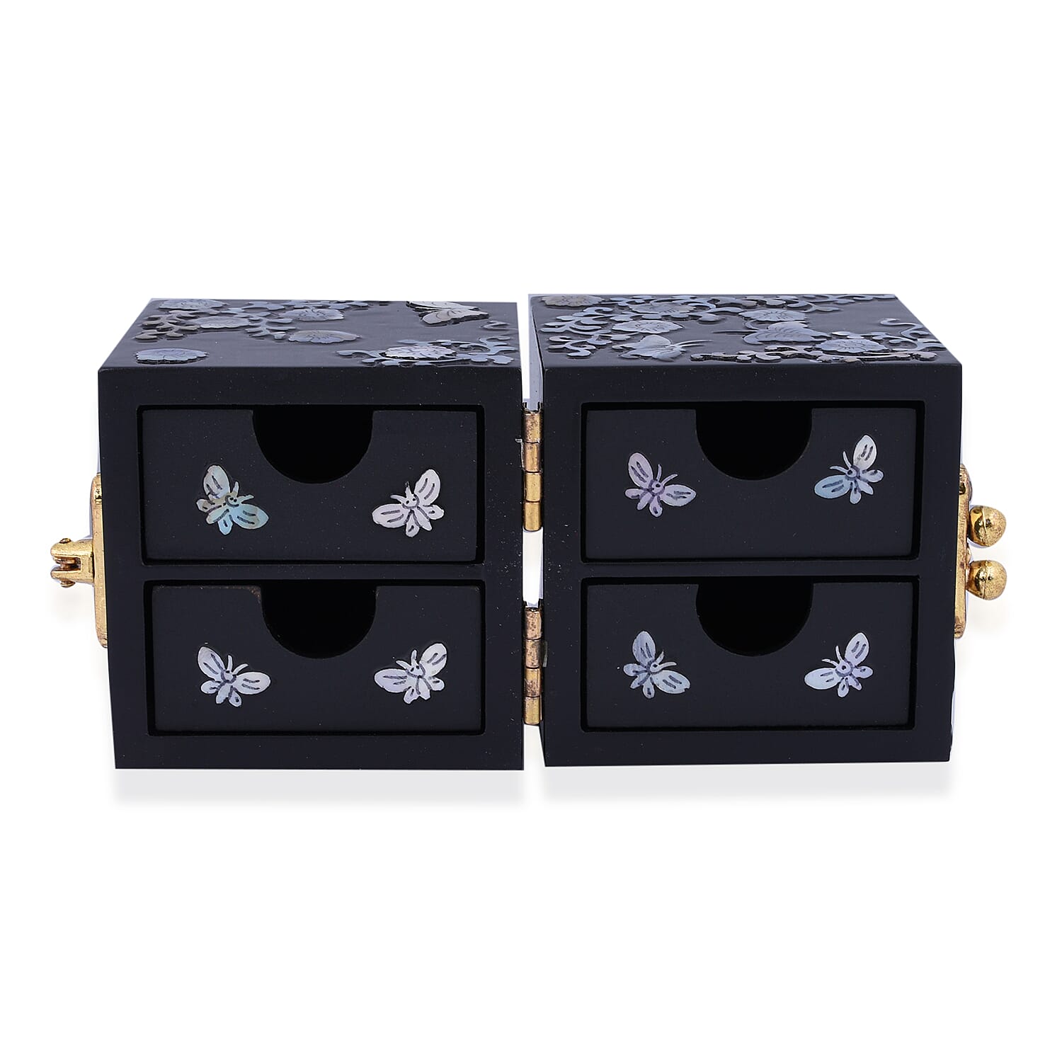 Handcrafted Jewelry boxes Adorned with Butterfly pearl shell inlay artwork Features 4 tiny drawers hidden when closed Unique two-squared shaped box design Easy to open at 180 degrees In