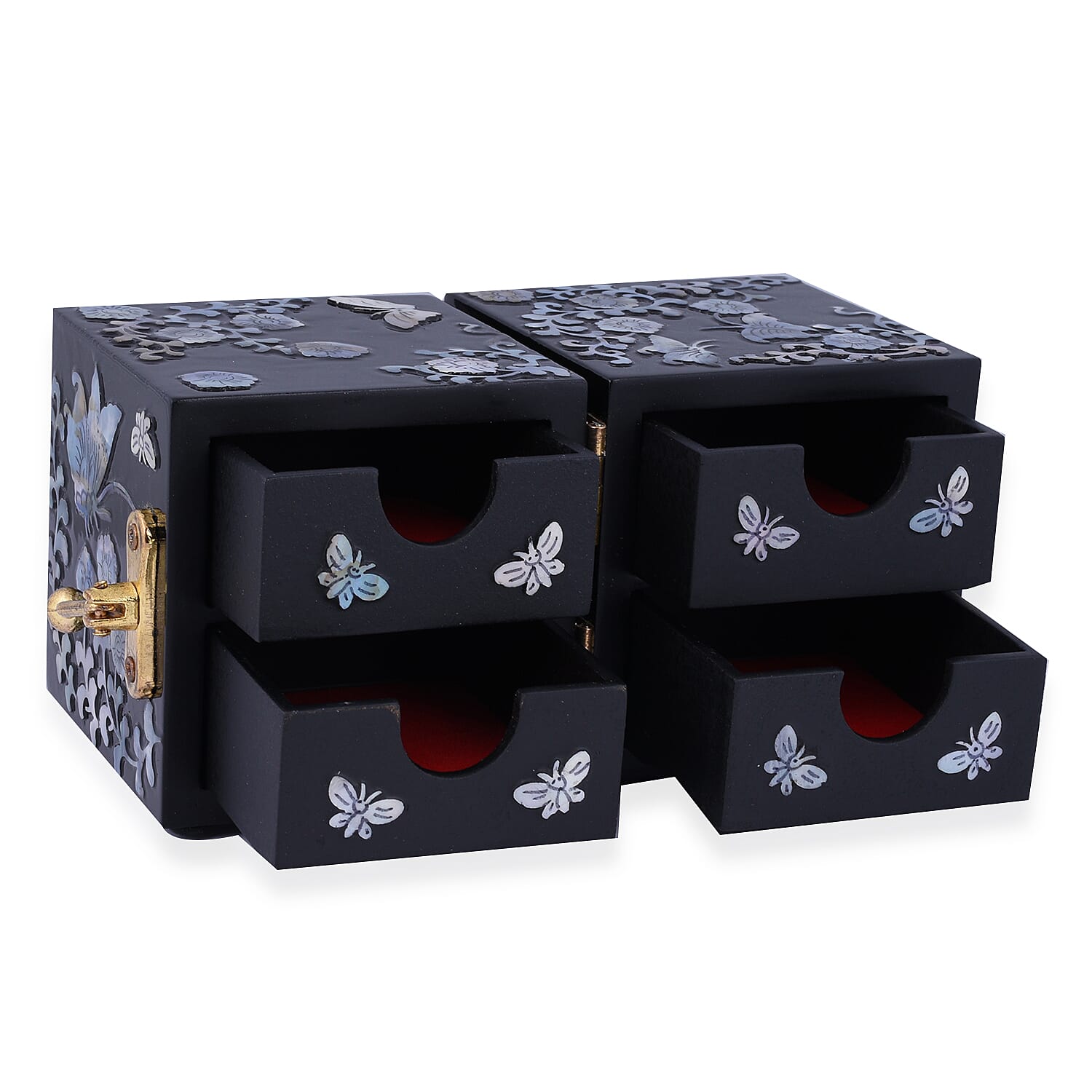 Handcrafted Jewelry boxes Adorned with Butterfly pearl shell inlay artwork Features 4 tiny drawers hidden when closed Unique two-squared shaped box design Easy to open at 180 degrees In