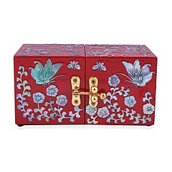 Handcrafted Jewelry boxes Adorned with Butterfly pearl shell inlay artwork Features 4 tiny drawers hidden when closed Unique two-squared shaped box design Easy to open at 180 degrees In