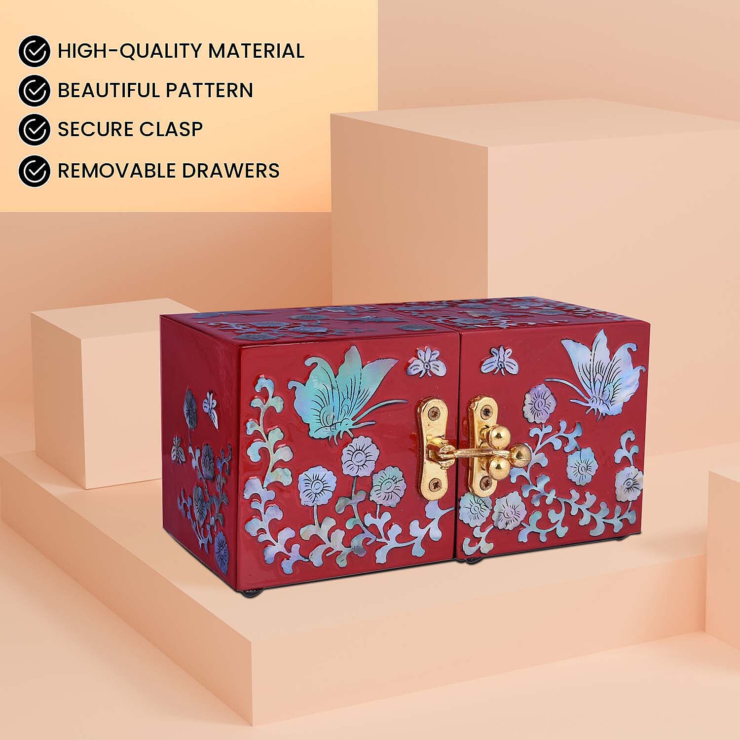 Twin Cube Jewellery Box Organiser Hand Made Mother of Pearl Sea Shell Inlay Lacquered Floral Butterfly Pattern- Red