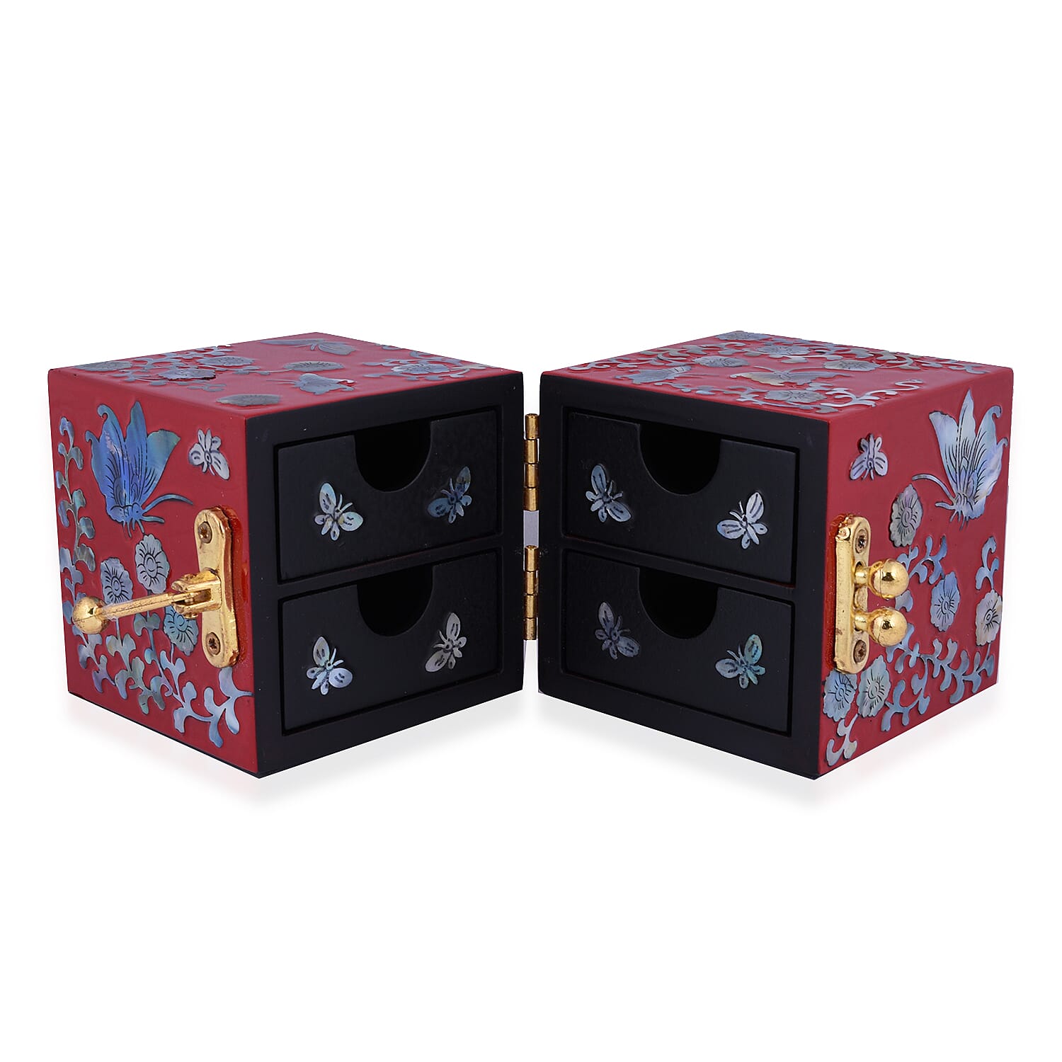 Twin Cube Jewellery Box Organiser Hand Made Mother of Pearl Sea Shell Inlay Lacquered Floral Butterfly Pattern- Red