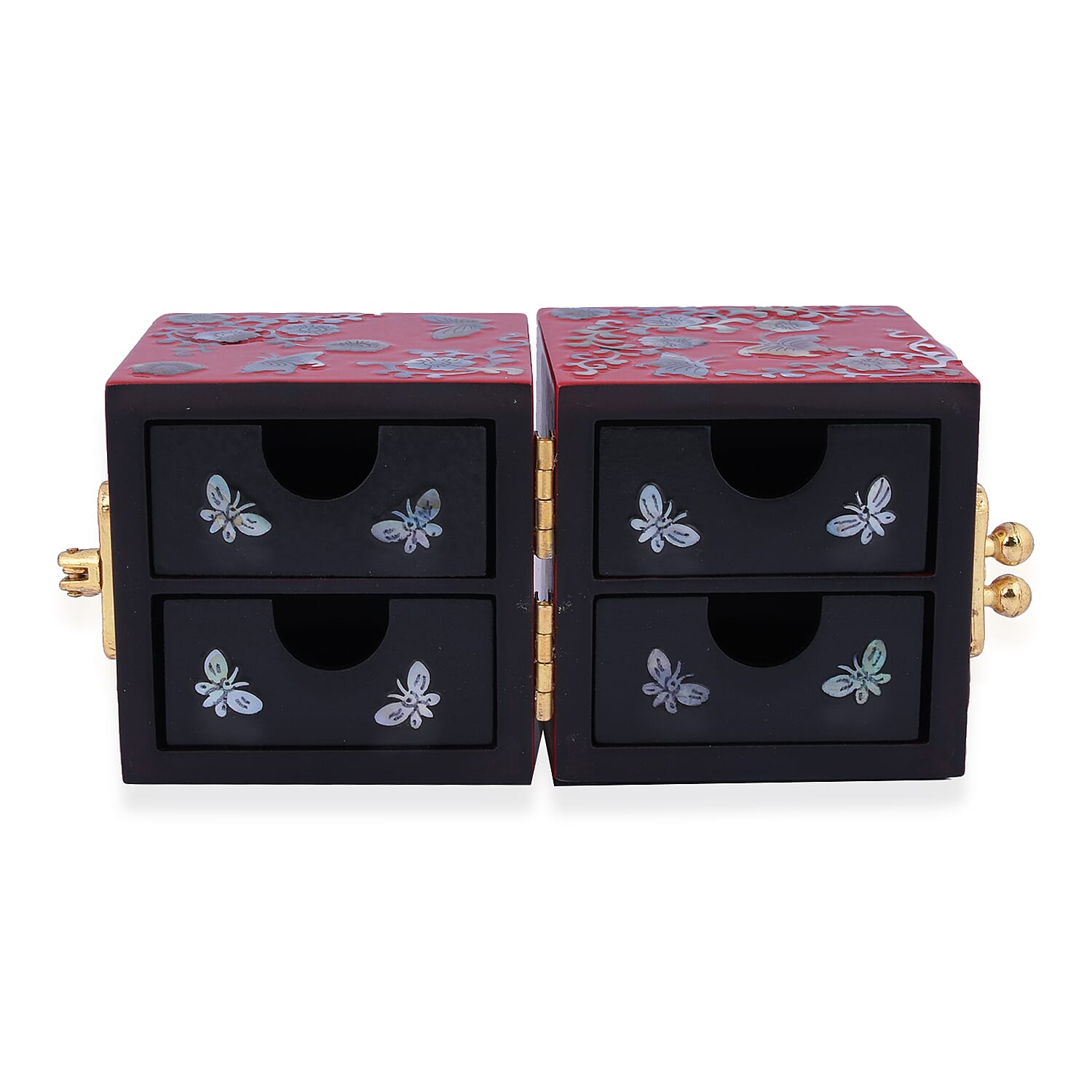 Twin Cube Jewellery Box Organiser Hand Made Mother of Pearl Sea Shell Inlay Lacquered Floral Butterfly Pattern- Red