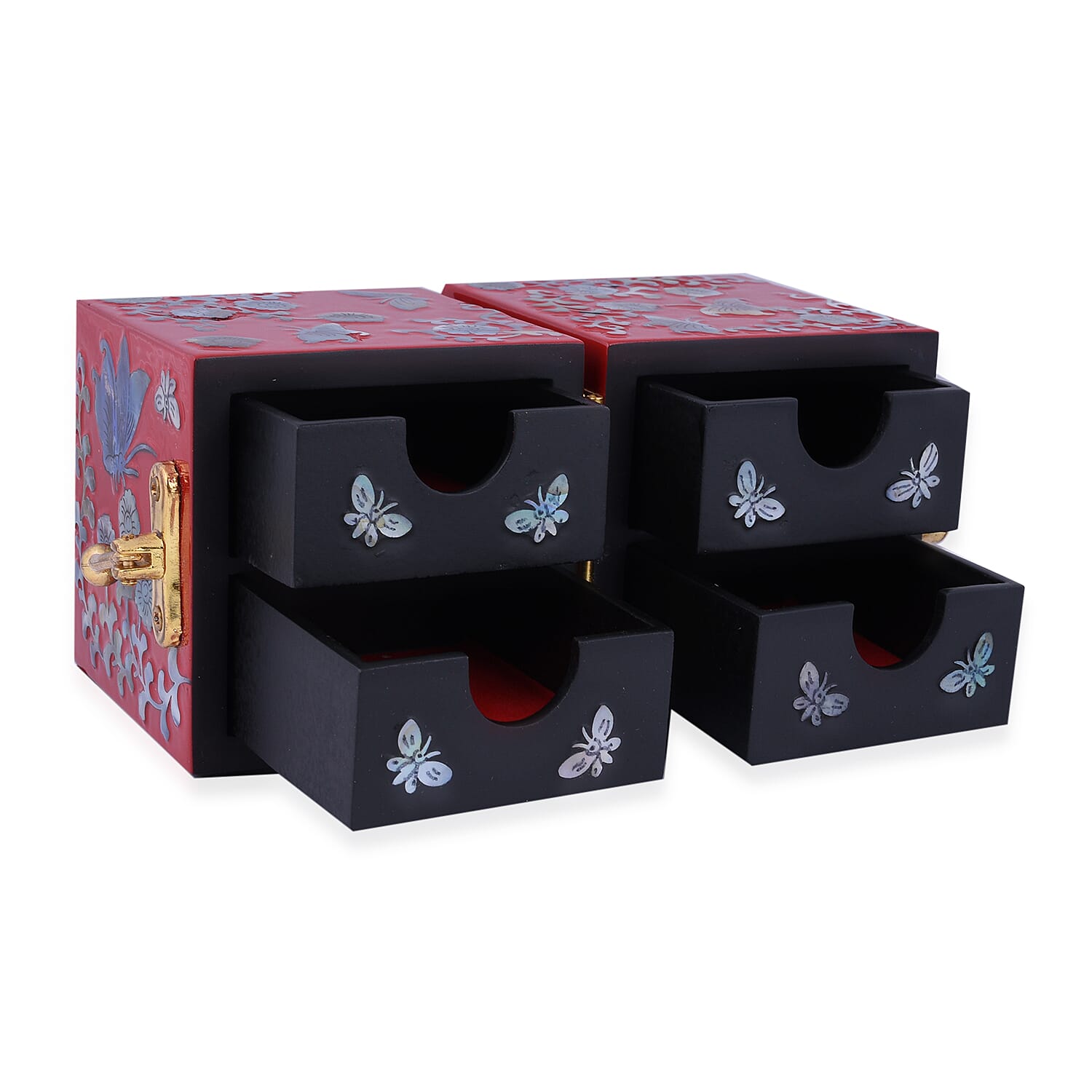 Twin Cube Jewellery Box Organiser Hand Made Mother of Pearl Sea Shell Inlay Lacquered Floral Butterfly Pattern- Red