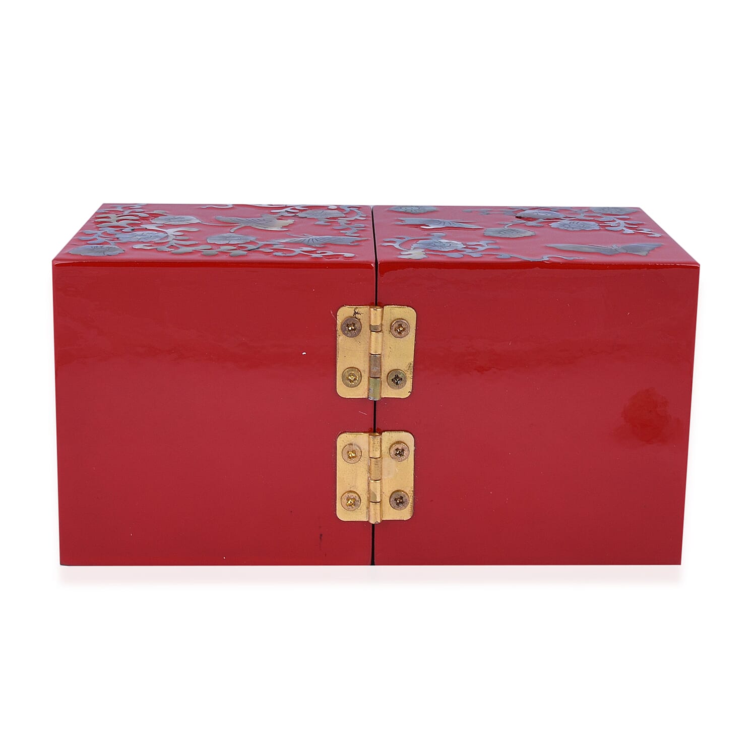 Twin Cube Jewellery Box Organiser Hand Made Mother of Pearl Sea Shell Inlay Lacquered Floral Butterfly Pattern- Red