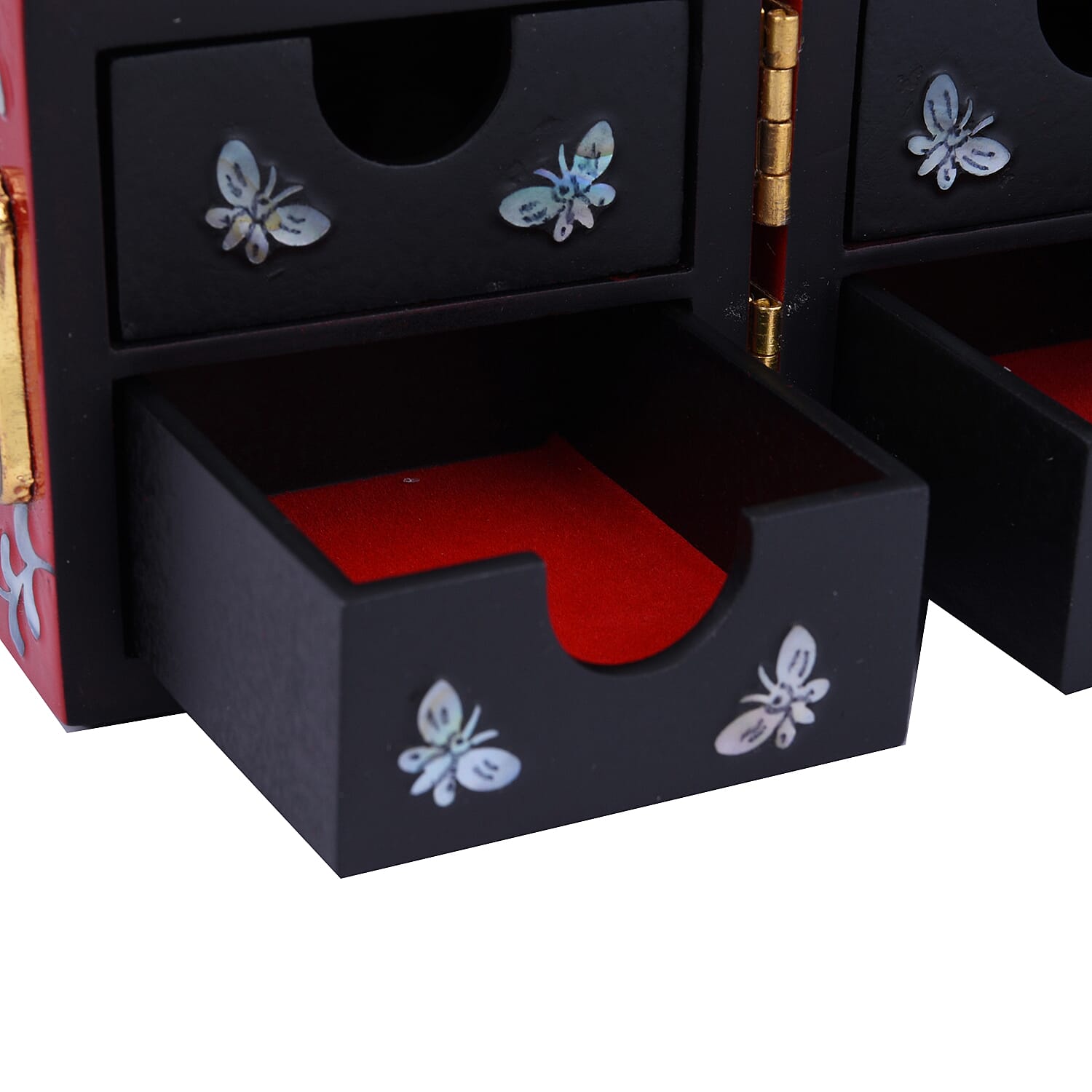 Twin Cube Jewellery Box Organiser Hand Made Mother of Pearl Sea Shell Inlay Lacquered Floral Butterfly Pattern- Red