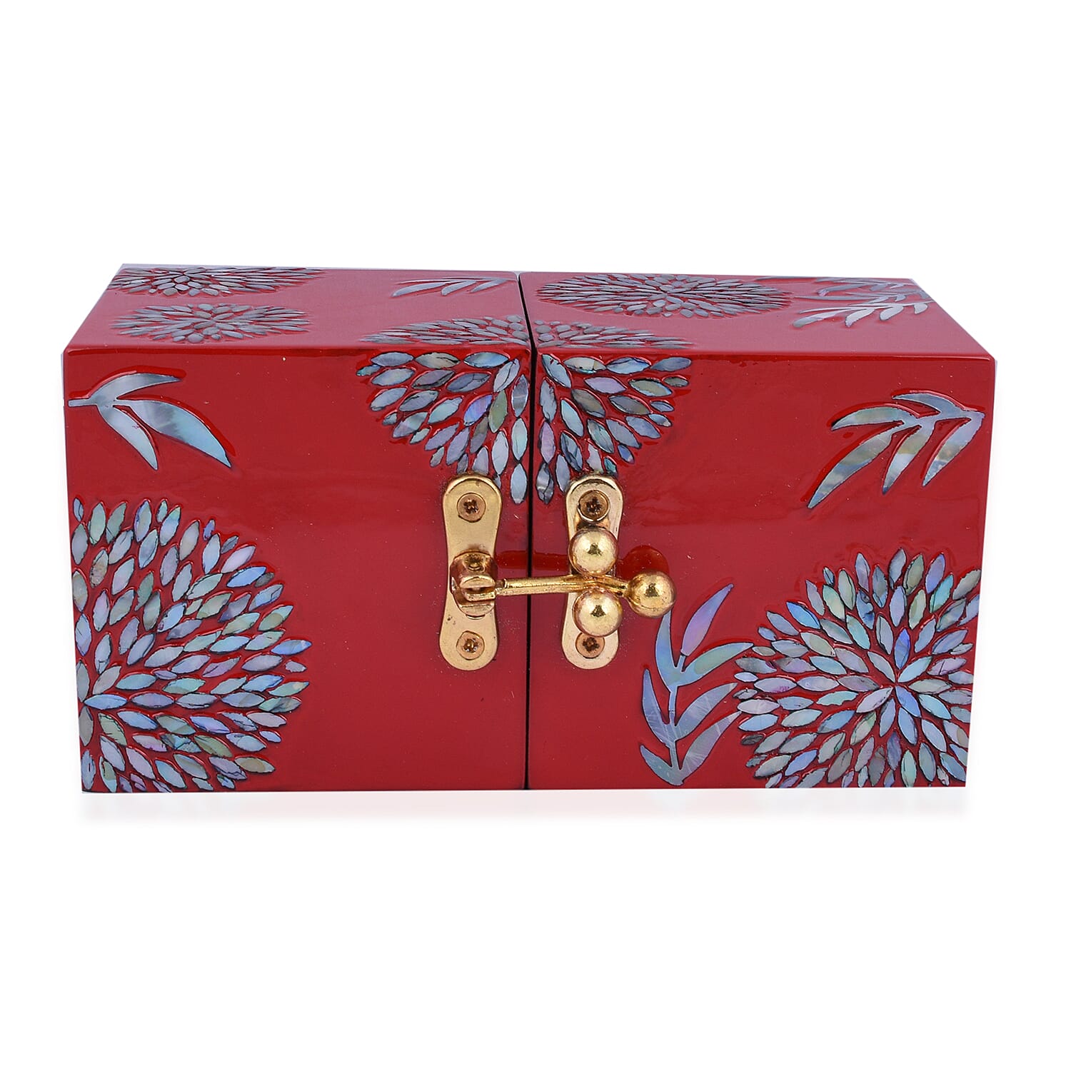 Twin Cube Jewellery Box Organiser Hand Made Mother of Pearl Sea Shell Inlay Lacquered Floral Chrysanthemum Pattern- Red
