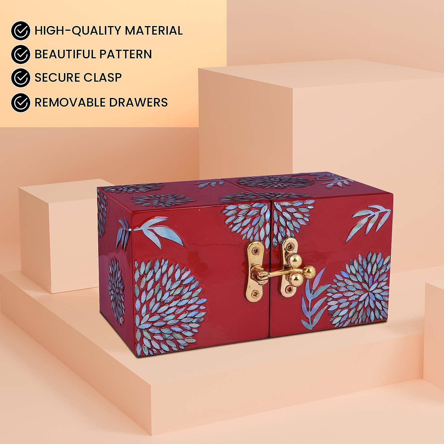 Twin Cube Jewellery Box Organiser Hand Made Mother of Pearl Sea Shell Inlay Lacquered Floral Chrysanthemum Pattern- Red