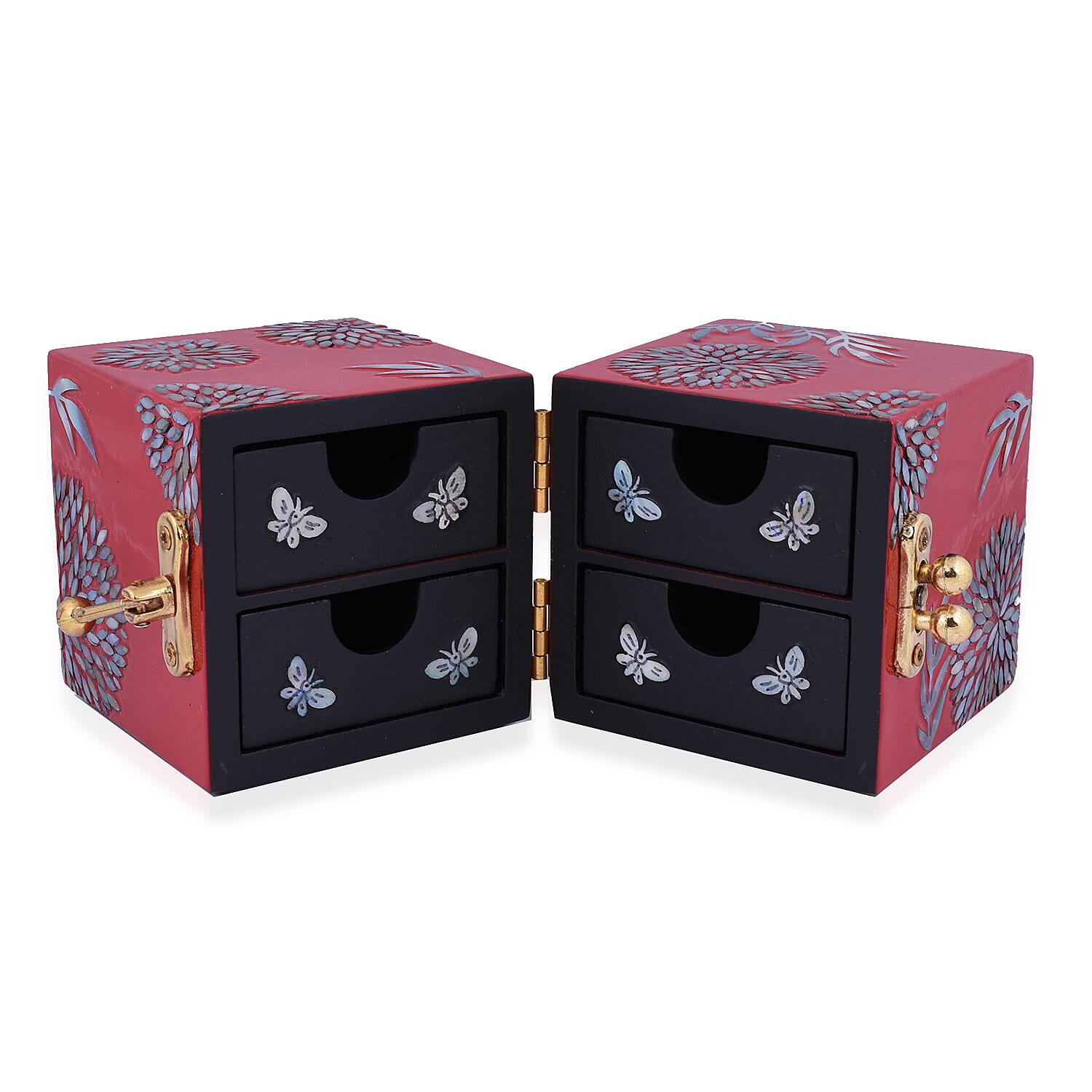 Twin Cube Jewellery Box Organiser Hand Made Mother of Pearl Sea Shell Inlay Lacquered Floral Chrysanthemum Pattern- Red