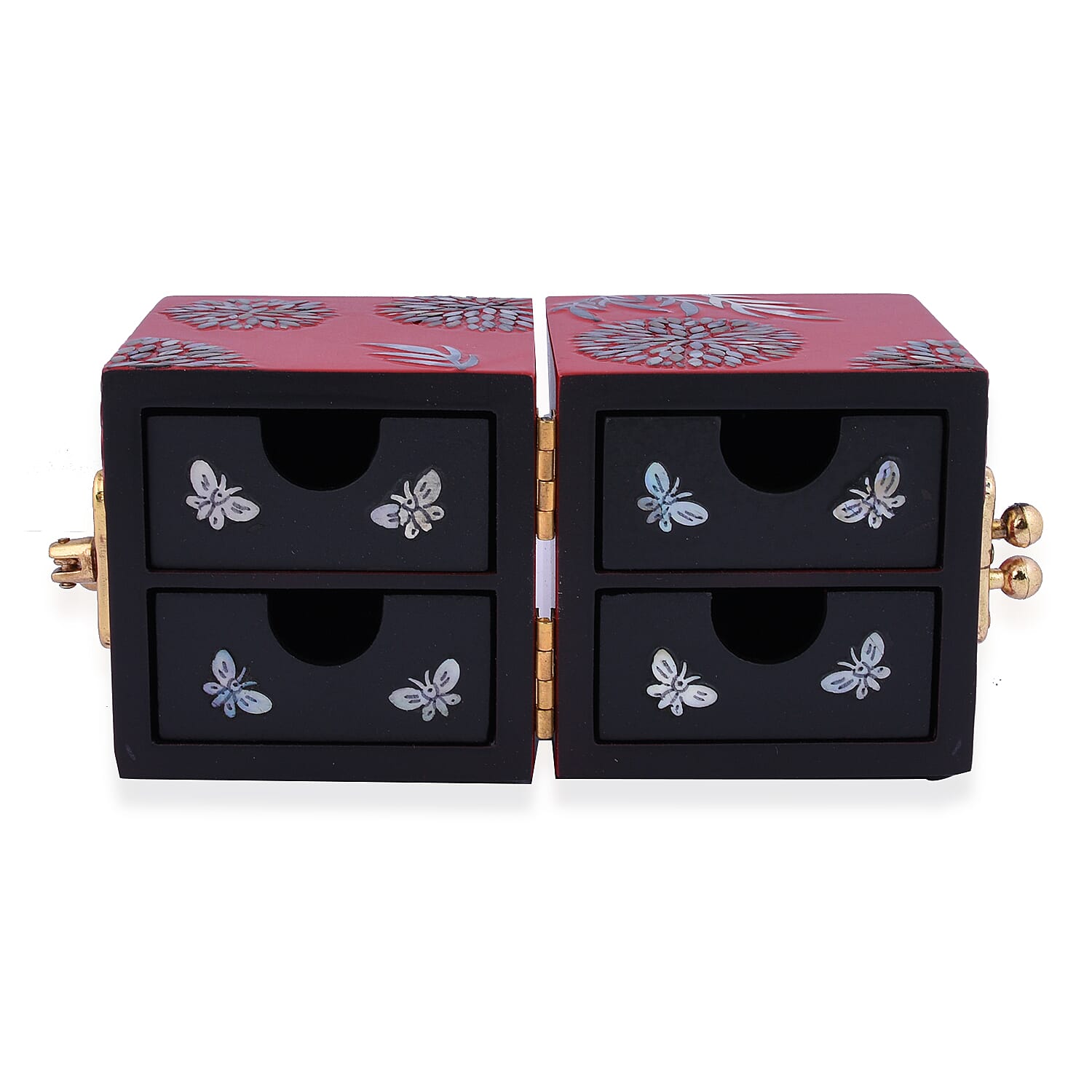 Twin Cube Jewellery Box Organiser Hand Made Mother of Pearl Sea Shell Inlay Lacquered Floral Chrysanthemum Pattern- Red
