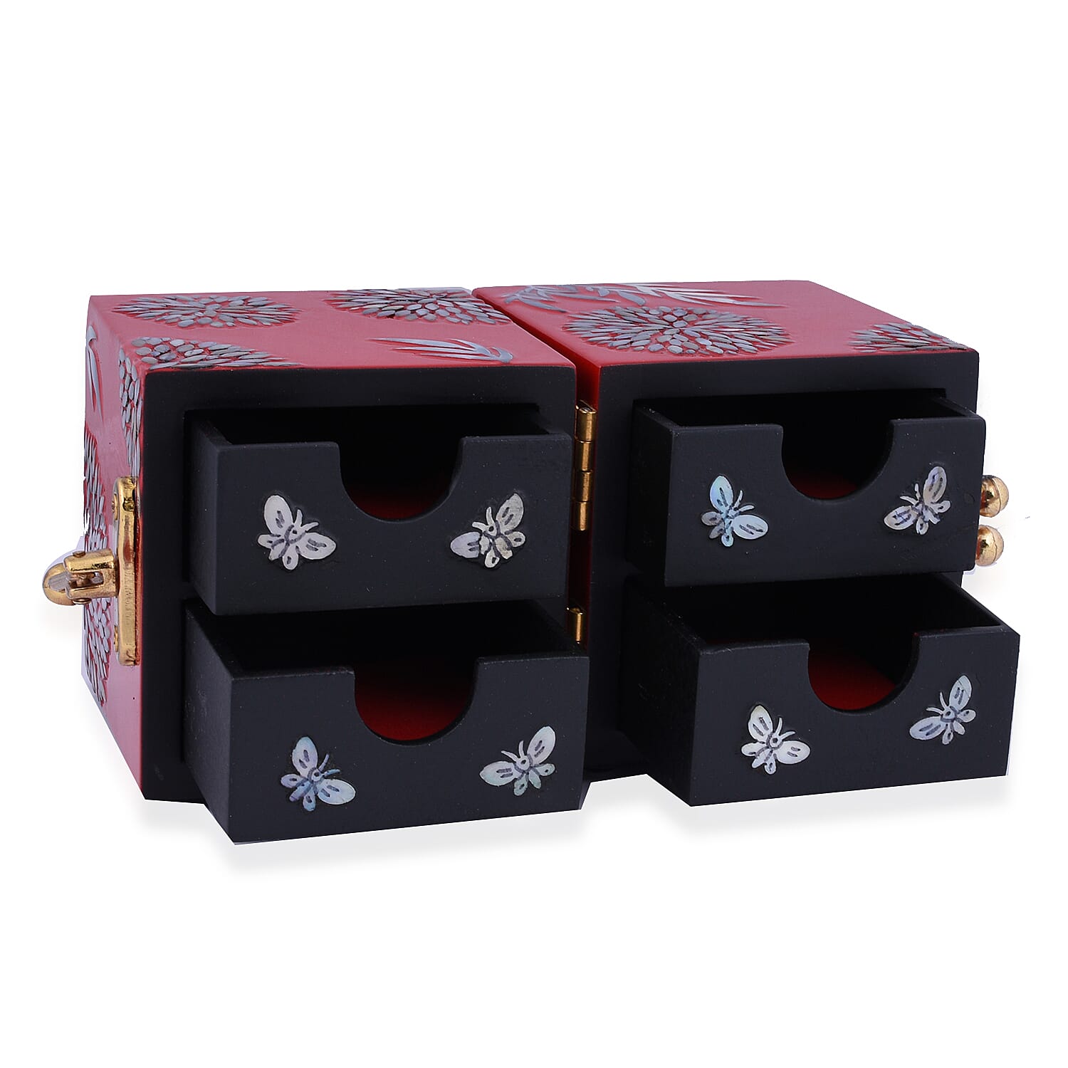 Twin Cube Jewellery Box Organiser Hand Made Mother of Pearl Sea Shell Inlay Lacquered Floral Chrysanthemum Pattern- Red