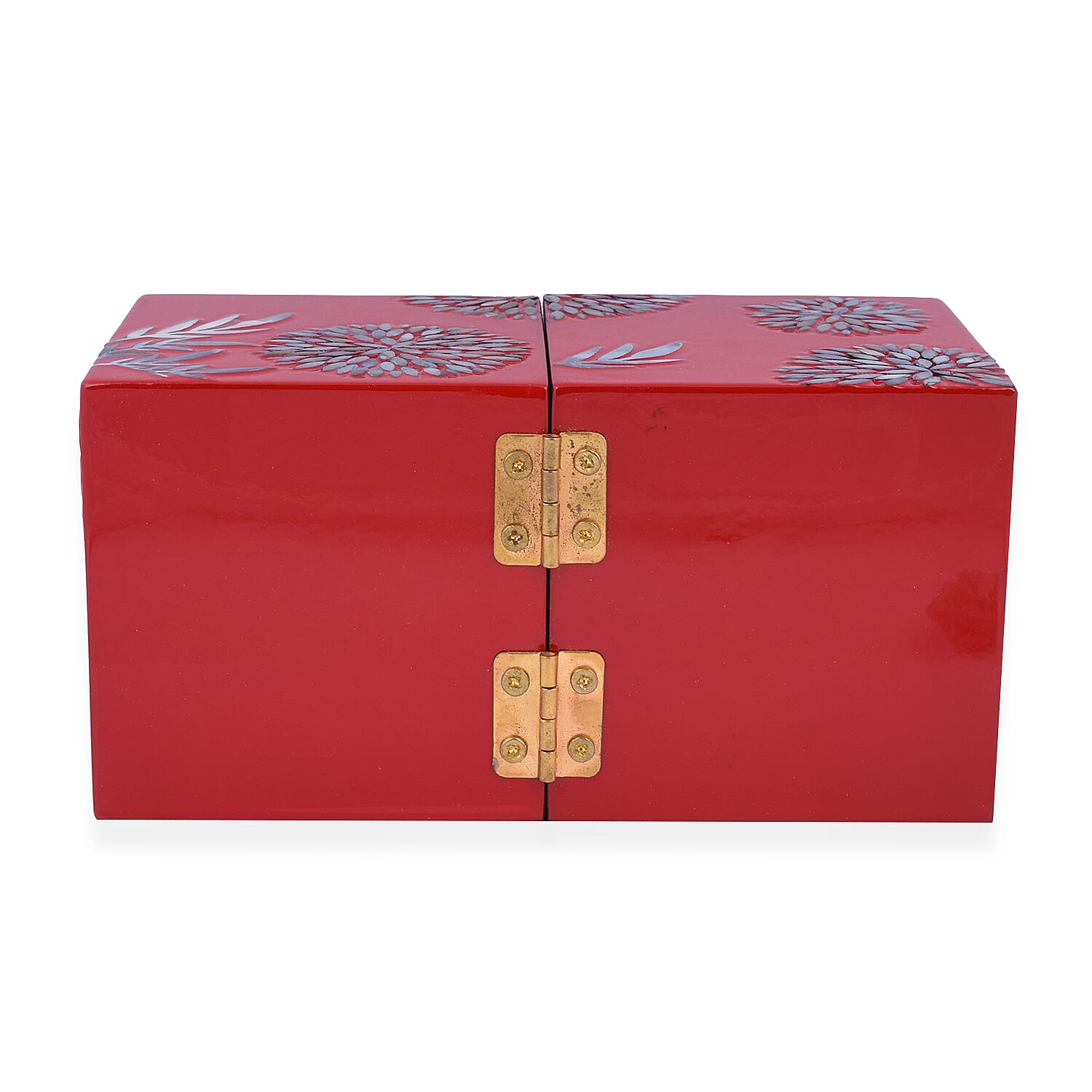 Twin Cube Jewellery Box Organiser Hand Made Mother of Pearl Sea Shell Inlay Lacquered Floral Chrysanthemum Pattern- Red