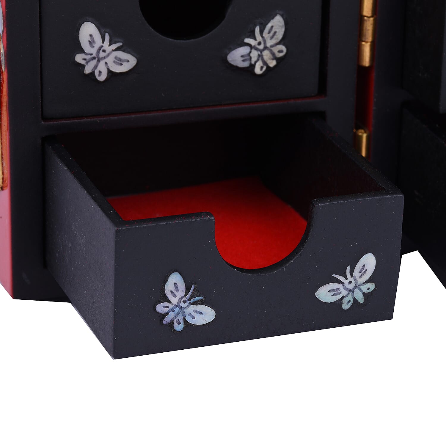 Twin Cube Jewellery Box Organiser Hand Made Mother of Pearl Sea Shell Inlay Lacquered Floral Chrysanthemum Pattern- Red