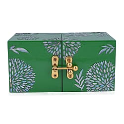 Handcrafted Jewelry boxes Adorned with Butterfly pearl shell inlay artwork Features 4 tiny drawers hidden when closed Unique two-squared shaped box design Easy to open at 180 degrees In