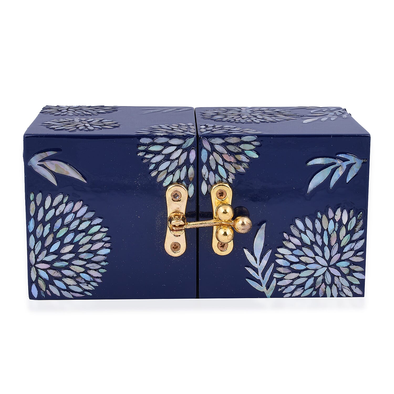 Twin Cube Jewellery Box Organiser Hand Made Mother of Pearl Sea Shell Inlay Lacquered Floral Chrysanthemum Pattern- Blue