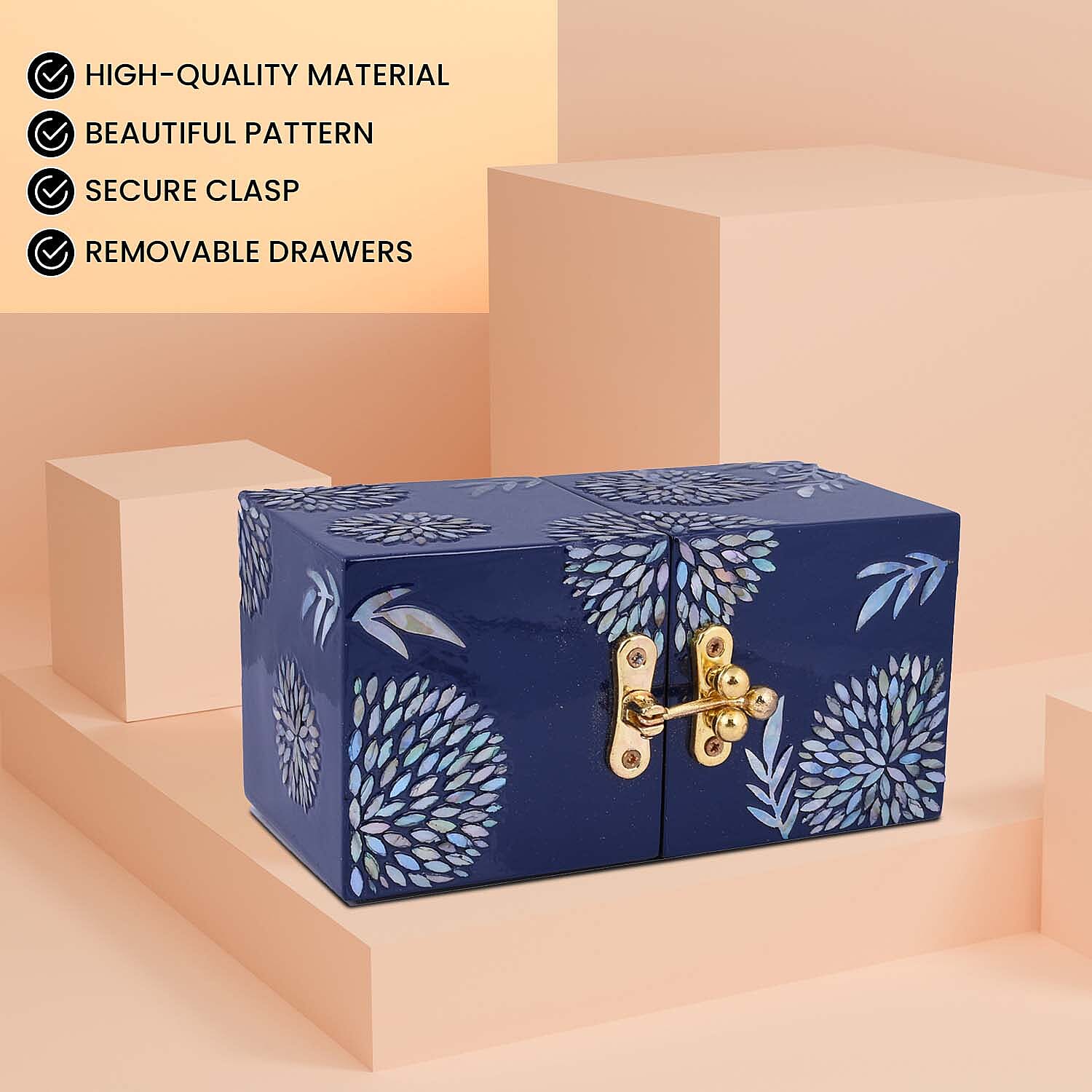 Twin Cube Jewellery Box Organiser Hand Made Mother of Pearl Sea Shell Inlay Lacquered Floral Chrysanthemum Pattern- Blue