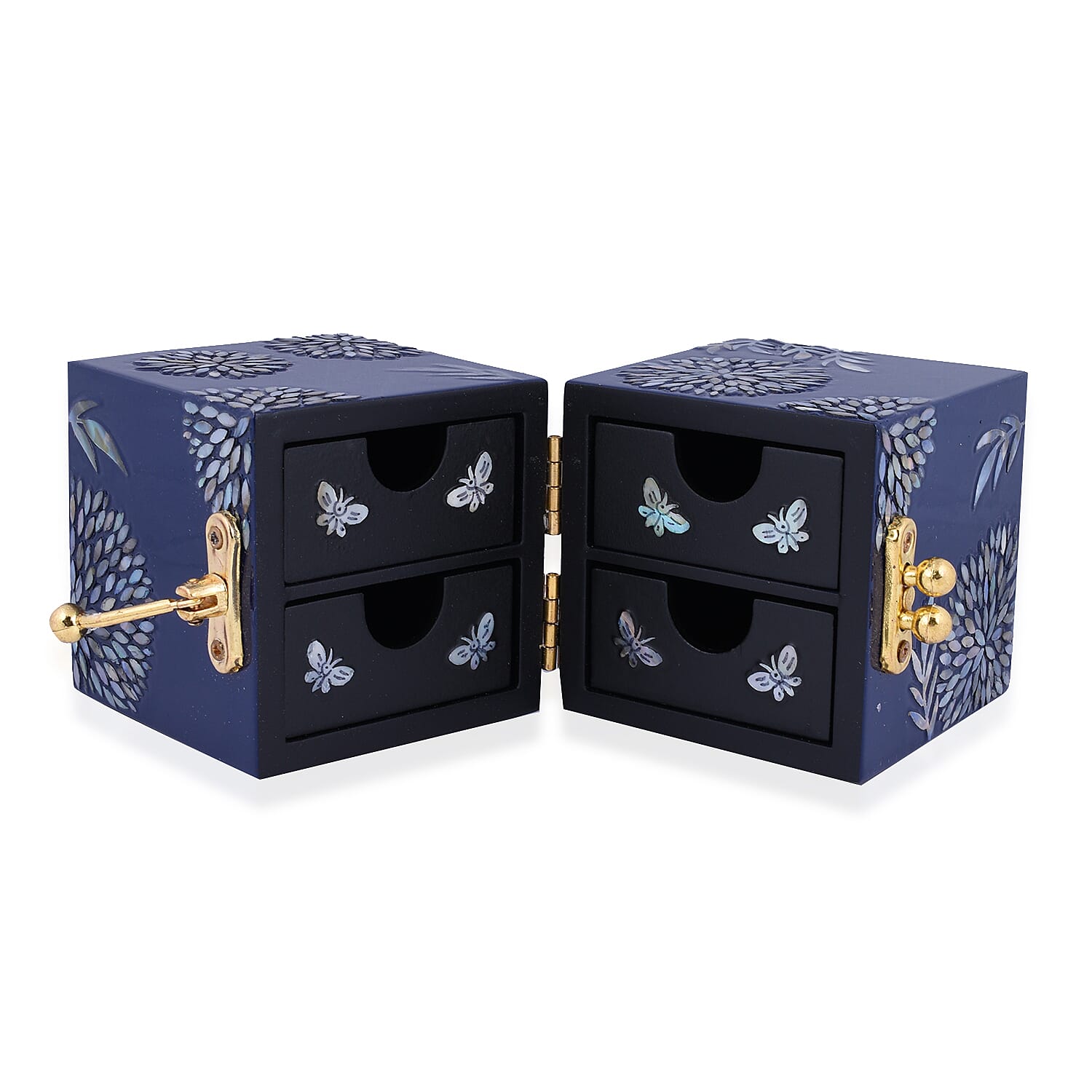 Twin Cube Jewellery Box Organiser Hand Made Mother of Pearl Sea Shell Inlay Lacquered Floral Chrysanthemum Pattern- Blue