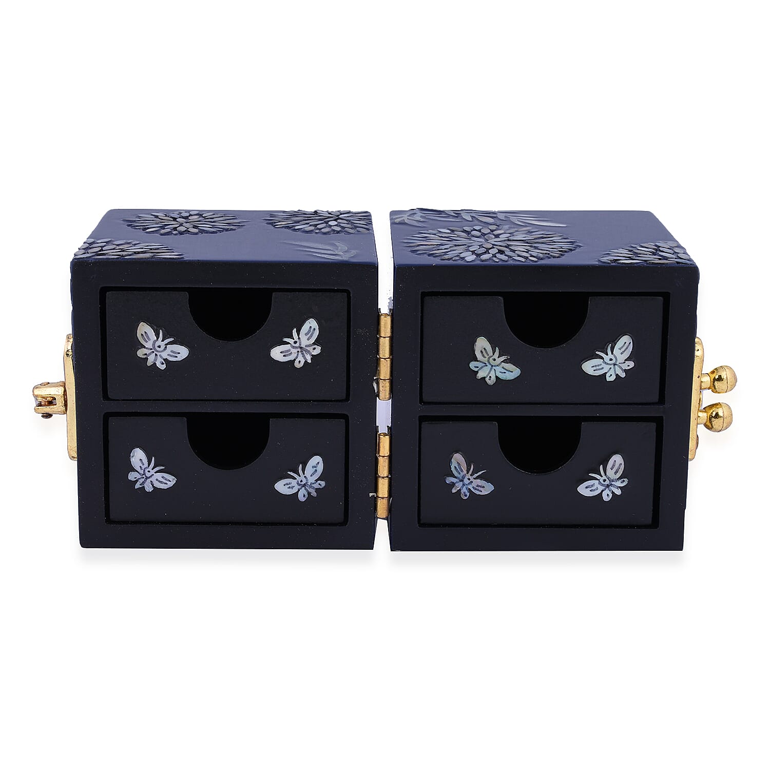 Twin Cube Jewellery Box Organiser Hand Made Mother of Pearl Sea Shell Inlay Lacquered Floral Chrysanthemum Pattern- Blue