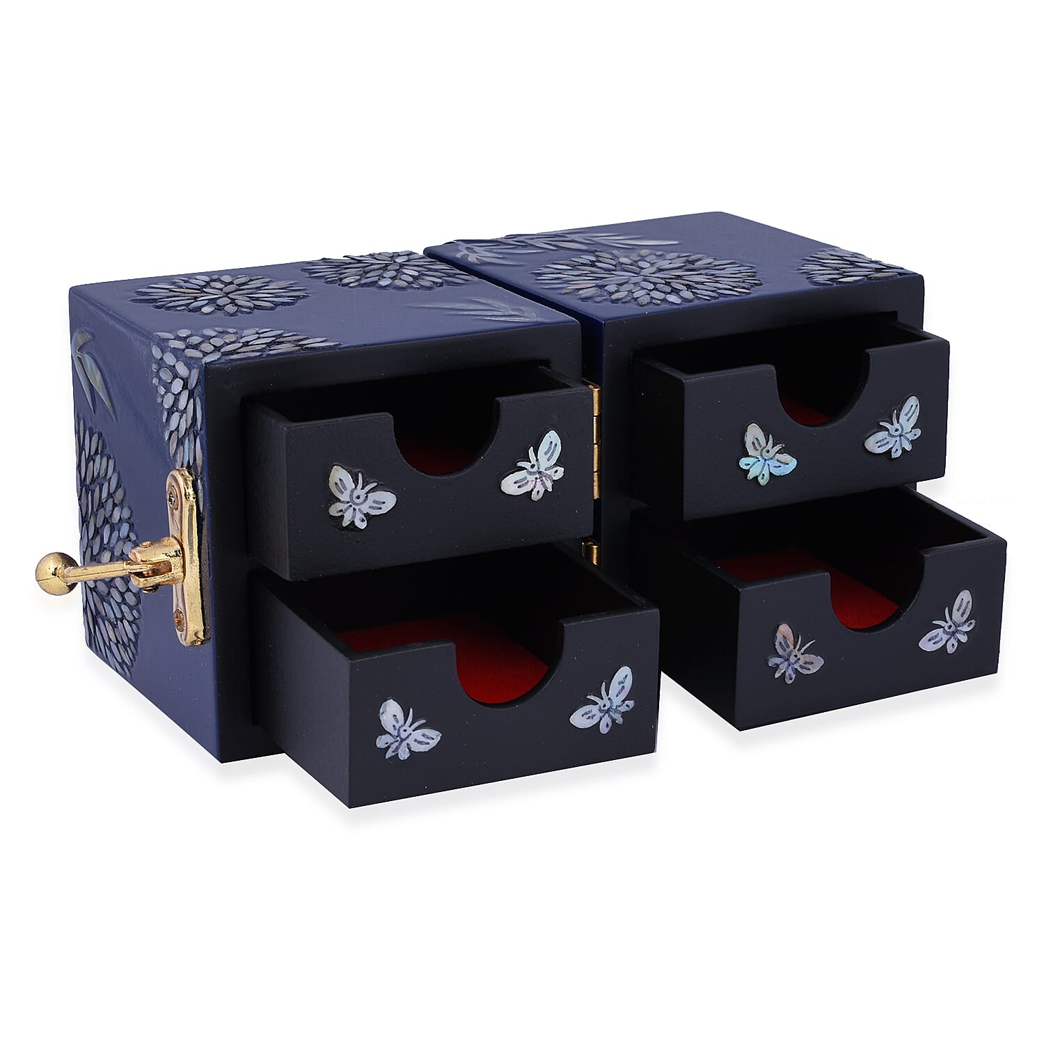Twin Cube Jewellery Box Organiser Hand Made Mother of Pearl Sea Shell Inlay Lacquered Floral Chrysanthemum Pattern- Blue
