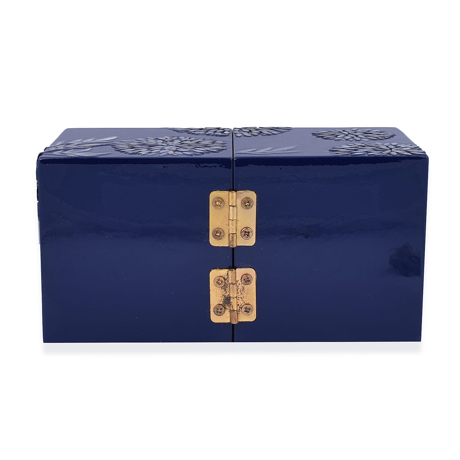 Twin Cube Jewellery Box Organiser Hand Made Mother of Pearl Sea Shell Inlay Lacquered Floral Chrysanthemum Pattern- Blue