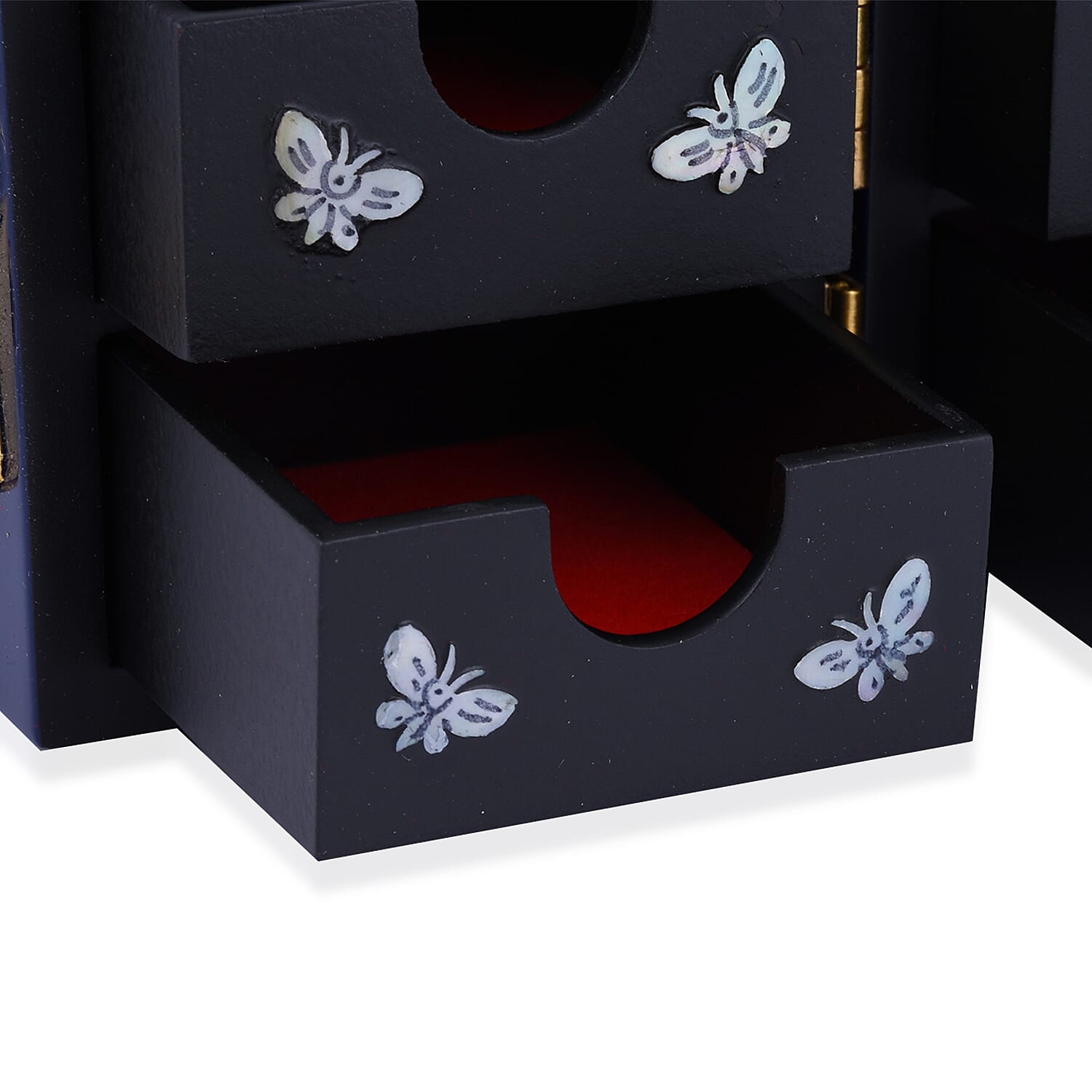 Twin Cube Jewellery Box Organiser Hand Made Mother of Pearl Sea Shell Inlay Lacquered Floral Chrysanthemum Pattern- Blue
