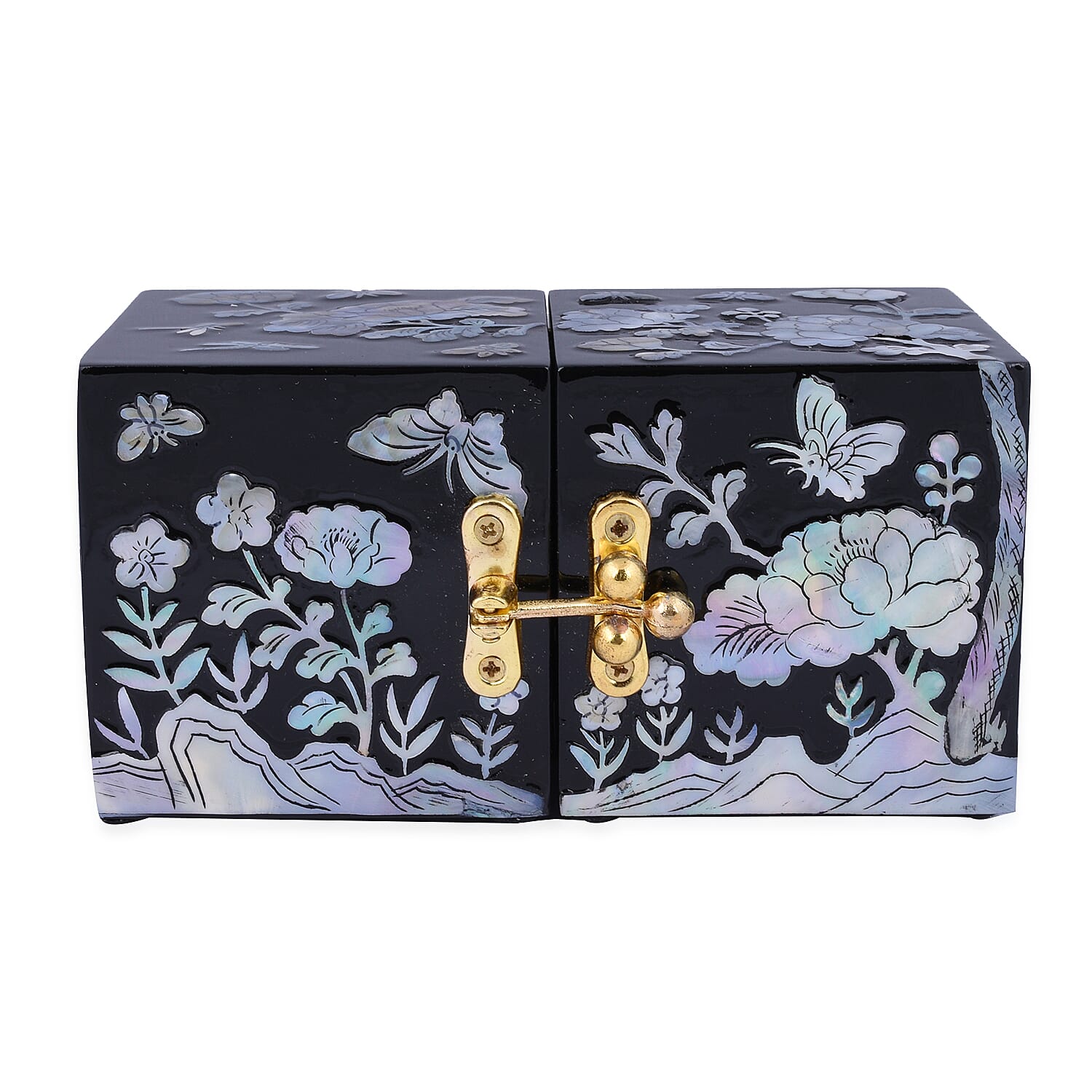 Twin Cube Jewelry Box Organizer Hand Made Mother of Pearl Sea Shell Inlay Lacquered Floral Chrysanthemum Pattern- Black