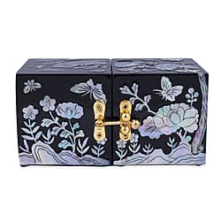 Handcrafted Jewelry boxes Adorned with Butterfly pearl shell inlay artwork Features 4 tiny drawers hidden when closed Unique two-squared shaped box design Easy to open at 180 degrees In