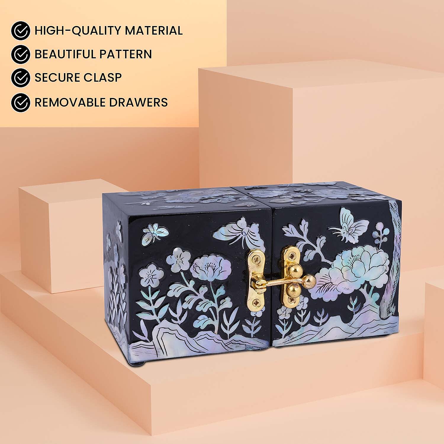 Twin Cube Jewelry Box Organizer Hand Made Mother of Pearl Sea Shell Inlay Lacquered Floral Chrysanthemum Pattern- Black